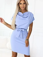 240-6 ROXI šaty s asymetrickou sukňou a opaskom - MODRÉ