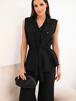 Dámsky komplet s uzlovou blúzkou a širokými nohavicami čiernej farby