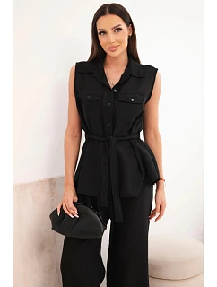 Dámsky komplet s uzlovou blúzkou a širokými nohavicami čiernej farby