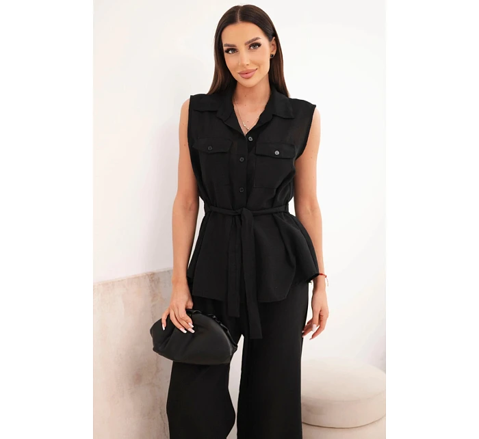 Dámsky komplet s uzlovou blúzkou a širokými nohavicami čiernej farby Dámsky komplet s uzlovou blúzkou a širokými nohavicami čiernej farby