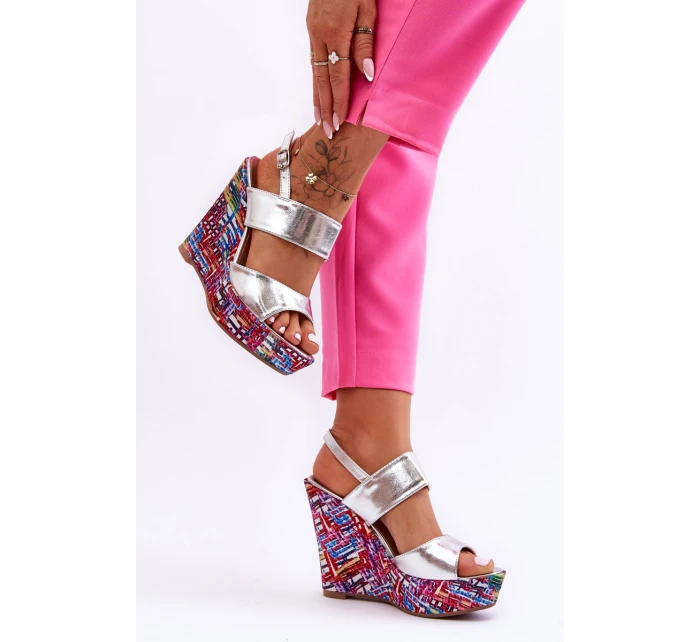 Damskie Sandałki Na Koturnie Srebrne Calderia Damskie Sandałki Na Koturnie Srebrne Calderia