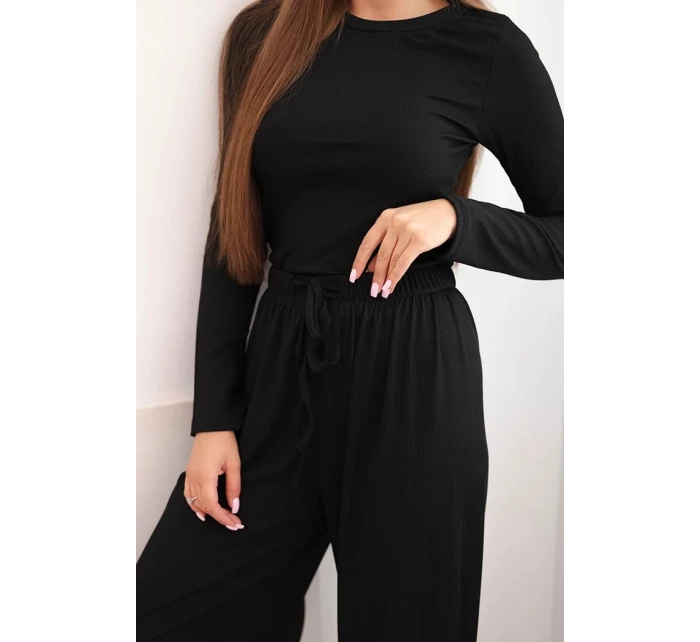 Dámský viskózový komplet s model 21731230 a širokými kalhotami černý - K-Fashion Dámský viskózový komplet s model 21731230 a širokými kalhotami černý - K-Fashion