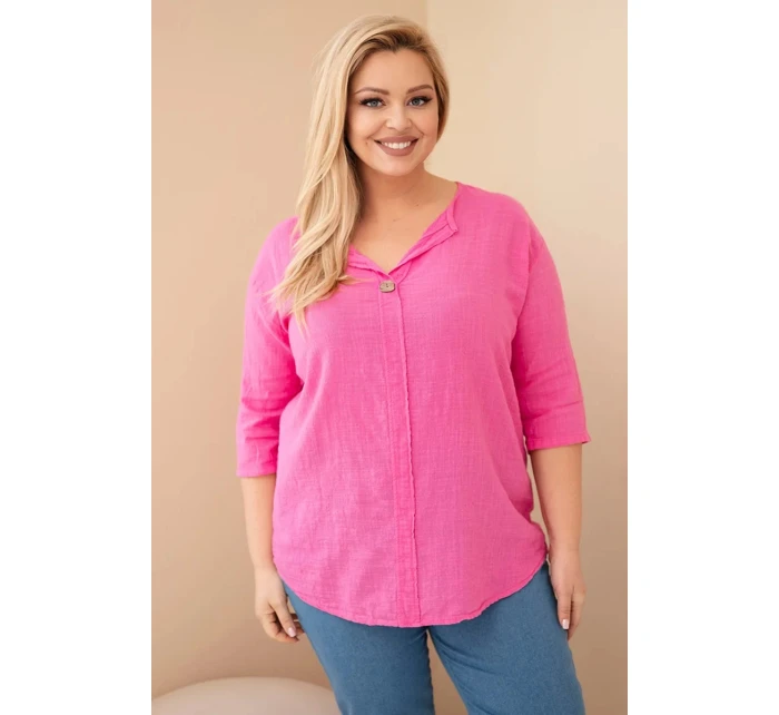 Dámská bavlněná halenka Plus Size s výstřihem na knoflíky růžová
