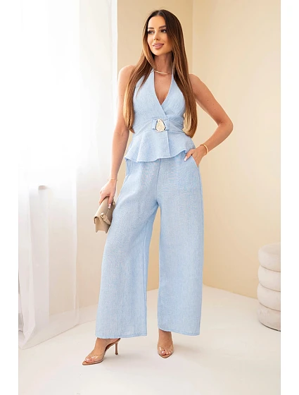 Dámský viskózový komplet model 22079427 top a kalhoty s širokými nohavicemi modrý - K-Fashion Dámský viskózový komplet model 22079427 top a kalhoty s širokými nohavicemi modrý - K-Fashion