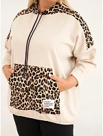 Dámska mikina Plus Size z viskózy s kapucňou a vložkami s leopardovým vzorom, béžová