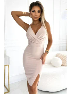 555-1 Elegantné midi šaty s výstrihom a rozparkom na nohách - BEACH