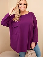 Dámska blúzka Plus Size s bavlnou, vreckom a vyhrnutými rukávmi tmavo fialová
