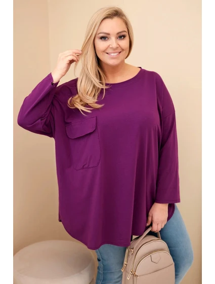 Dámská blůza Plus Size s bavlnou, s kapsou a ohrnutým rukávem tmavě fialová Dámská blůza Plus Size s bavlnou, s kapsou a ohrnutým rukávem tmavě fialová
