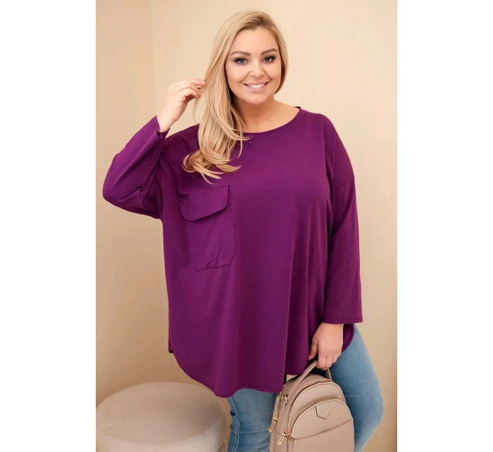 Dámská blůza Plus Size s bavlnou, s kapsou a ohrnutým rukávem tmavě fialová Dámská blůza Plus Size s bavlnou, s kapsou a ohrnutým rukávem tmavě fialová