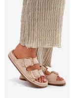 Klapki Damskie Z Klamrami I Ozdobnym Obszyciem Beżowe Visley Klapki Damskie Z Klamrami I Ozdobnym Obszyciem Beżowe Visley