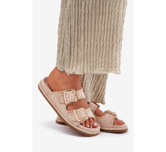 Klapki Damskie Z Klamrami I Ozdobnym Obszyciem Beżowe Visley Klapki Damskie Z Klamrami I Ozdobnym Obszyciem Beżowe Visley