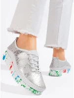 Módne poltopánky dámske Srebrny bez podpätku Módne poltopánky dámske Srebrny bez podpätku