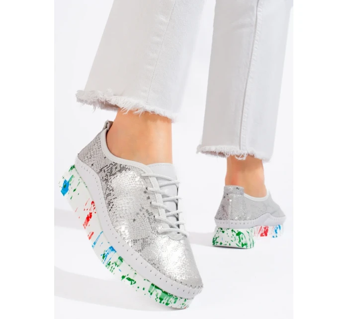 Módne poltopánky dámske Srebrny bez podpätku Módne poltopánky dámske Srebrny bez podpätku