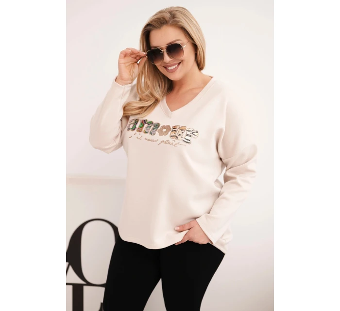 Dámská mikina Plus Size s nápisem a výstřihem do V béžová