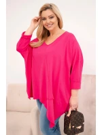 Dámska bavlnená blúzka v nadmernej veľkosti s asymetrickým lemom a výstrihom do V Fuchsia