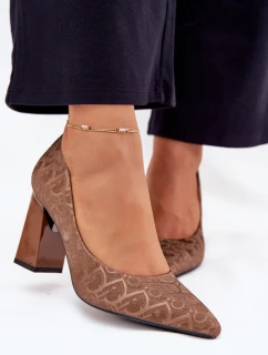 Czółenka Damskie Na Słupku Z Ozdobnym Tłoczeniem Vinceza 62254 Brązowe