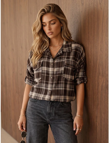 Dámská flanelová košile s kostkovaným vzorem, hnědá, FashionStreet DY0499