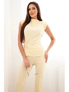 Dámska súprava s volánovou blúzkou a širokými nohavicami žltá