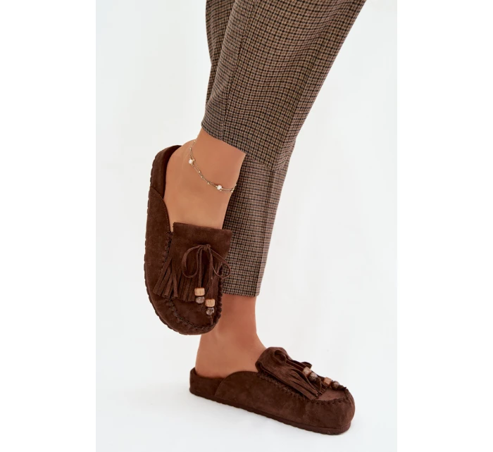 Dámské nazouváky Mule s třásněmi a korálky Čokoládové Belissa