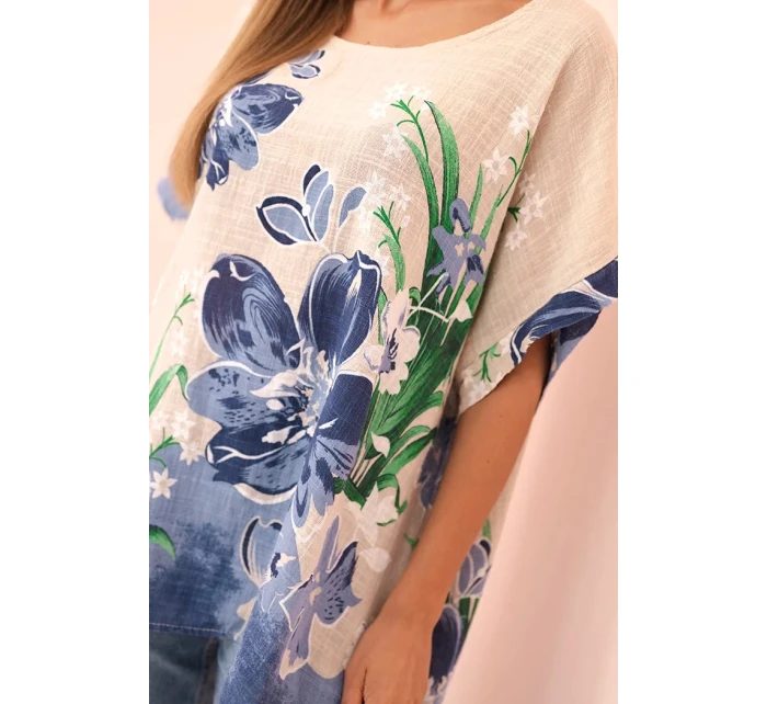 Dámská bavlněná blůza s květinovým potiskem a krátkým rukávem béžová
