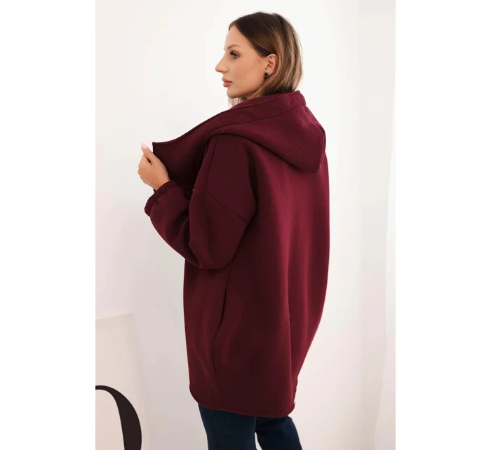 Dámska zateplená mikina s kapucňou a asymetrickým zipsom bordová