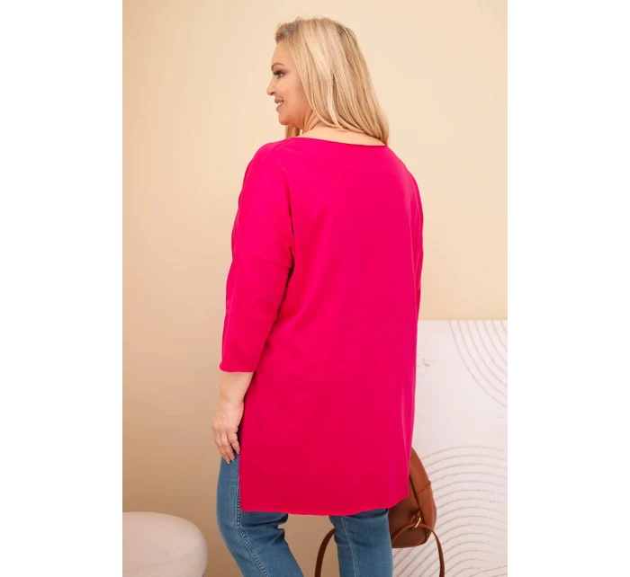 Dámská bavlněná blůza Plus Size asymetrická s náhrdelníkem fuchsiová
