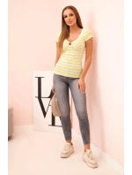 Dámska bavlnená pruhovaná rebrovaná blúzka s výstrihom a ozdobným krúžkom zelená