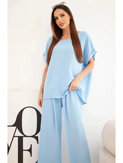 Dámske Plus veľkosť blúzka a široké nohavice Set Blue