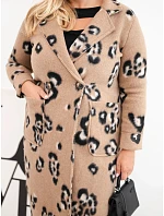 Dámský elegantní kabát Plus Size s klopami v panterku camelový