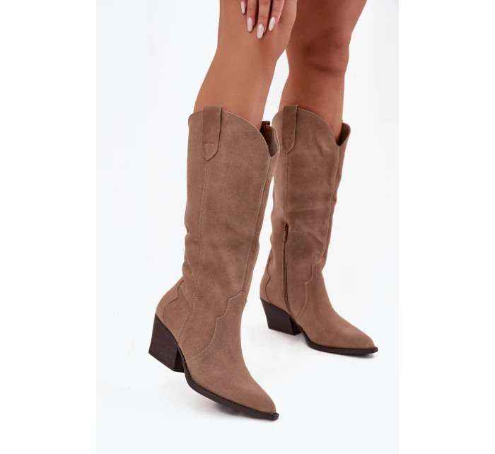 Dámske zateplené kožené kovbojské topánky Urselle - khaki Dámske zateplené kožené kovbojské topánky Urselle - khaki