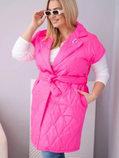 Dámská vesta Plus Size prošívaná s páskem a límcem neonově růžová