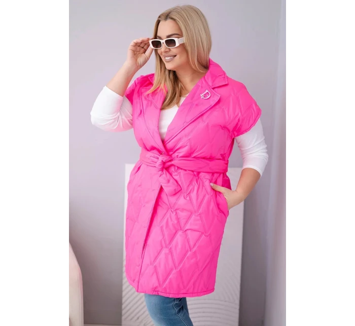 Dámske Plus veľkosť prešívaná vesta s opaskom a golierom Neon Pink