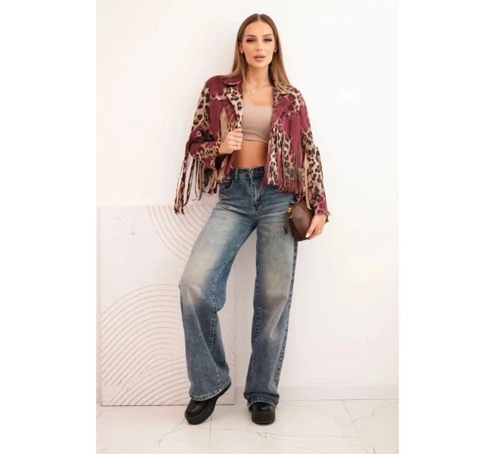 Dámska semišová bunda so strapcami s leopardím vzorom vo vínovej farbe