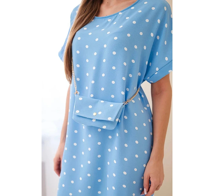 Dámske bodkované šaty s krátkymi rukávmi a kabelkou modré