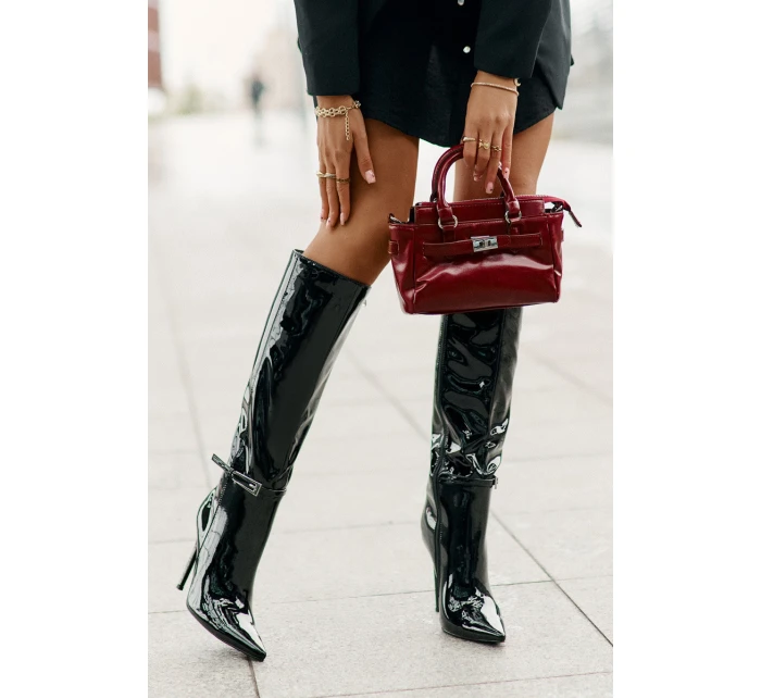 Kozaki Lakierowane Ocieplane Na Szpilce Z Klamrą Czarne Tameliae