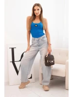 Dámská pruhovaná top na ramínkách s ozdobnou model 21223978 nášivkou modrá - K-Fashion