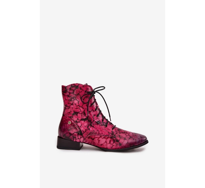 Kožené vzorované kotníkové boty na ploché podrážce model 21714214 Růžové - Maciejka