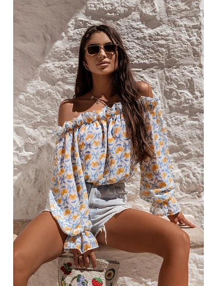 Dámska blúzka Hiszpanka MIA bielo-modro-žltá – LaBalancia Dámska blúzka Hiszpanka MIA bielo-modro-žltá – LaBalancia