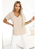 665-3 Dámska bavlnená blúzka s krátkym rukávom a výstrihom do V - béžová