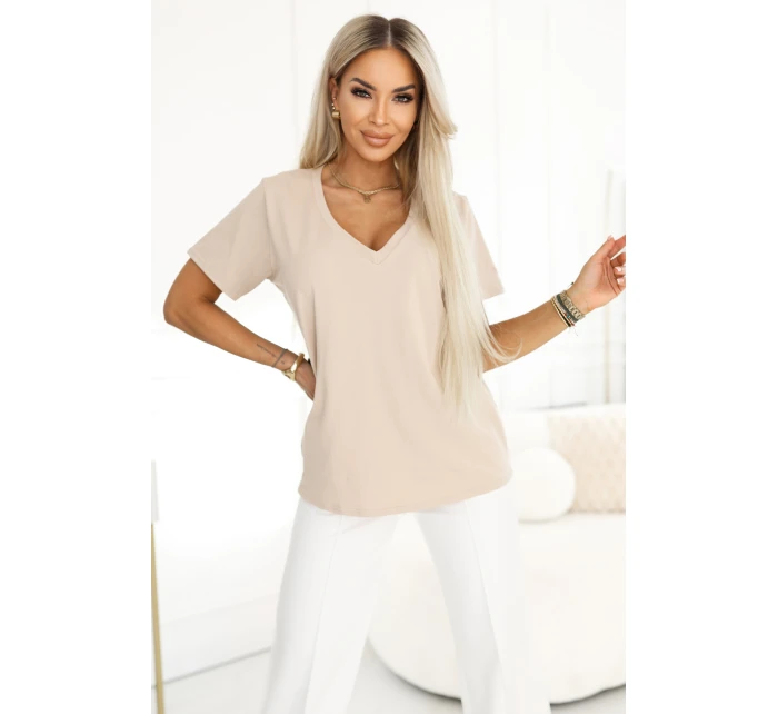 665-3 Dámska bavlnená blúzka s krátkym rukávom a výstrihom do V - béžová