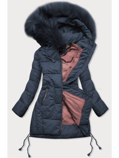 Tmavo modrá prešívaná dámska zimná bunda s kapucňou (7690)