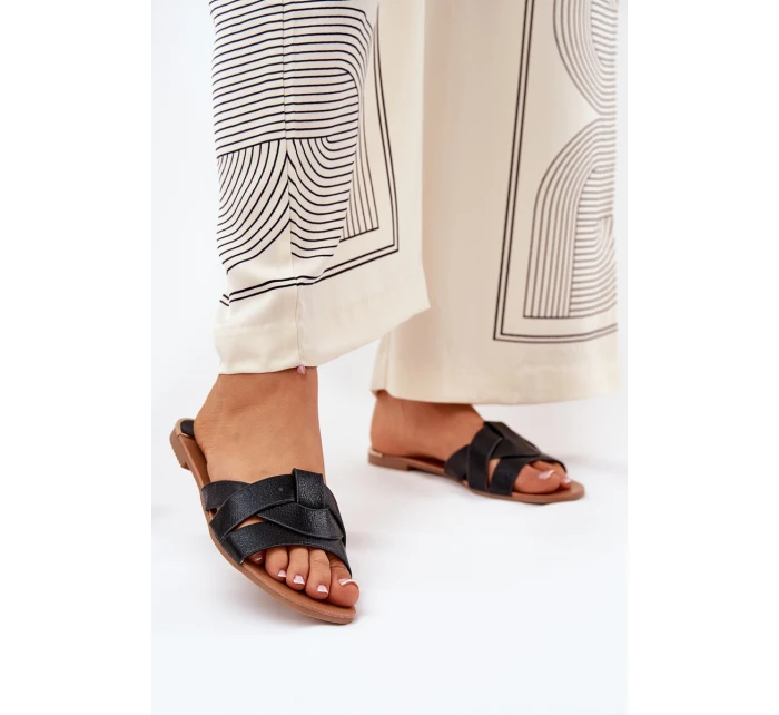 Płaskie Klapki Damskie Z Przeplatającymi Się Paskami Czarne Selaenor Płaskie Klapki Damskie Z Przeplatającymi Się Paskami Czarne Selaenor