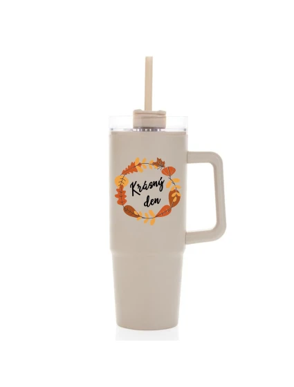 KRÁSNÝ DEN (PODZIM) - béžový cestovní termohrnek s průhledným víčkem 900 ml