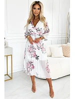 Dámské plisované midi šaty s výstřihem, opaskem a se vzorem růží na pozadí model 22121293 - numoco basic