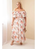 Dámske plus size maxi šaty s volánom na ramenách a elastickým pásom béžovej farby
