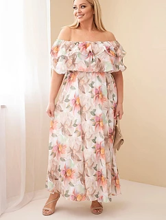 Dámské plus size maxi šaty s volánem model 22092388 a elastickým pasem béžové - K-Fashion