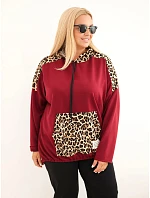 Dámska mikina Plus Size z viskózy s kapucňou a vložkami s leopardím vzorom, bordó-červená