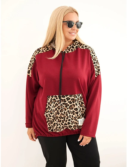 Dámska mikina Plus Size z viskózy s kapucňou a vložkami s leopardím vzorom, bordó-červená