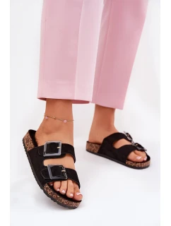 Klapki Damskie Z Klamrami Na Korkowej Podeszwie Czarne Sercele