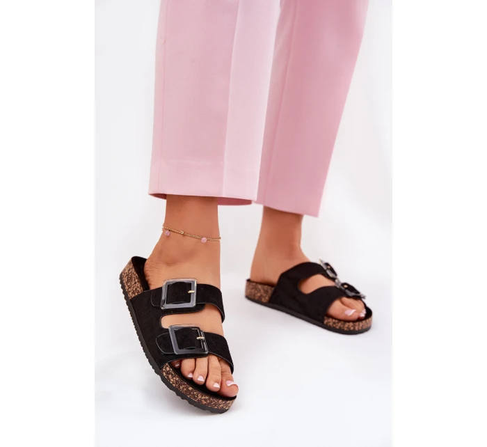 Klapki Damskie Z Klamrami Na Korkowej Podeszwie Czarne Sercele Klapki Damskie Z Klamrami Na Korkowej Podeszwie Czarne Sercele